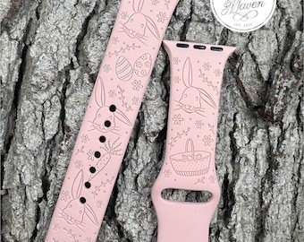 Easter Bunny Spring Silicone Watch Band Laser Engraved, Apple Watch Compatible Series 1-11, SE 1-3 & Ultra 1-3