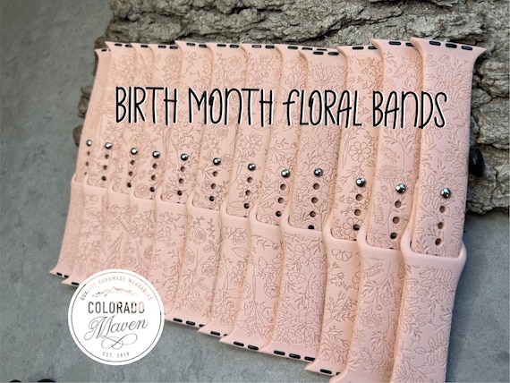 Birthday Flower, Birth Month Silicone Band Laser Engraved, Apple Watch Compatible 38/40/41mm, 42/44/45mm, Series 1,2,3,4,5,6,7,8,9,SE,SE2