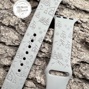 Skiing, Skier, Ski Silicone Watch Band Laser Engraved, Apple Watch Compatible Series 1-11, SE 1-3 & Ultra 1-3
