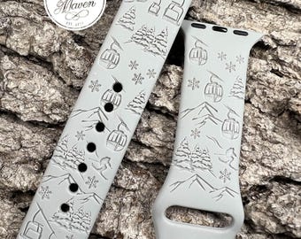 Skiing, Skier, Ski Silicone Watch Band Laser Engraved, Apple Watch Compatible Series 1-11, SE 1-3 & Ultra 1-3