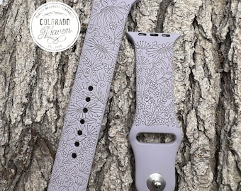 Whimsical Daisy Flower Silicone Watch Band Laser Engraved, Apple Watch Compatible Series 1-11, SE 1-3 & Ultra 1-3