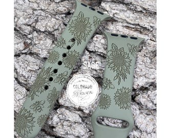 Sunflowers and Bees Silicone Band Laser Engraved, Apple Watch Compatible Series 1-11, SE 1-3 & Ultra 1-3