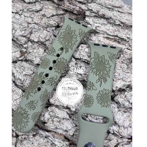 Sunflowers and Bees Silicone Band Laser Engraved, Apple Watch Compatible Series 1-11, SE 1-3 & Ultra 1-3