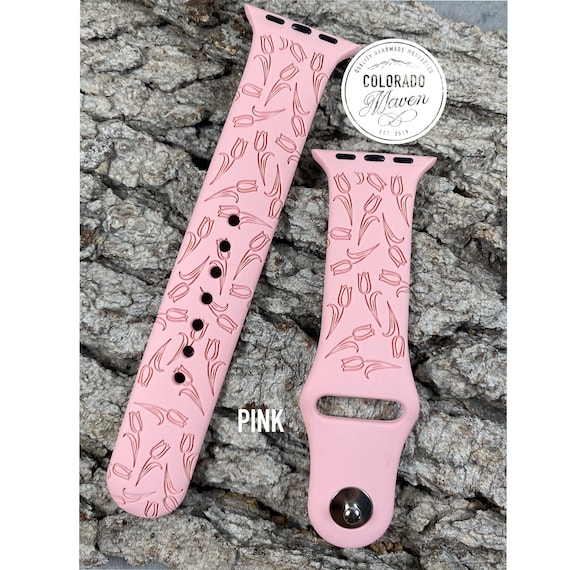 Spring Tulips Band Laser Engraved, Apple Watch Compatible 38/40/41mm, 42/44/45mm, Series 1,2,3,4,5,6,7,8,9,SE,SE2