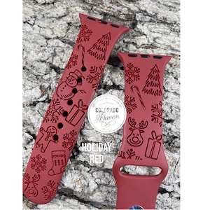 Christmas Holiday Design Silicone Band Laser Engraved, Apple Watch Compatible 38/40/41mm, 42/44/45mm, Series 1,2,3,4,5,6,7,8,9,SE,SE2