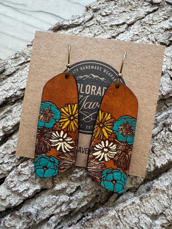Boho Daisy Handmade Leather 2" Dangle Earrings