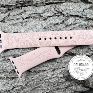 Bracelet de montre en silicone Bee Happy fleurs sauvages gravé au laser, compatible Apple Watch séries 1-11, SE 1-3 et Ultra 1-3
