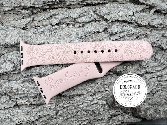 Bee Happy Wildflower Silicone Watch Band Laser Engraved, Apple Watch Compatible Series 1-11, SE 1-3 & Ultra 1-3