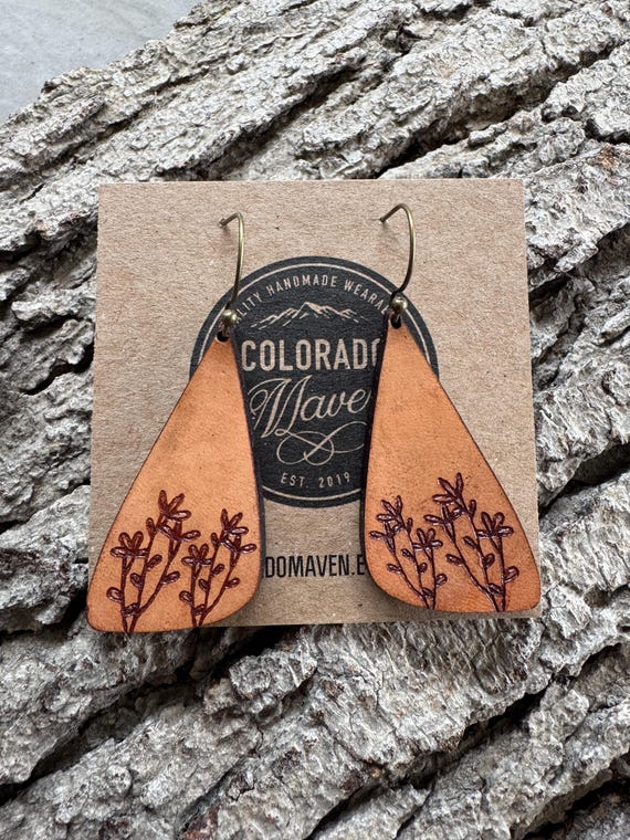 Botanical Floral Handmade Leather 1.75" Dangle Earrings