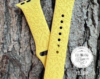 Easter Bunny Whimsical Print Silicone Watch Band Laser Engraved, Apple Watch Compatible Series 1-11, SE 1-3 & Ultra 1-3