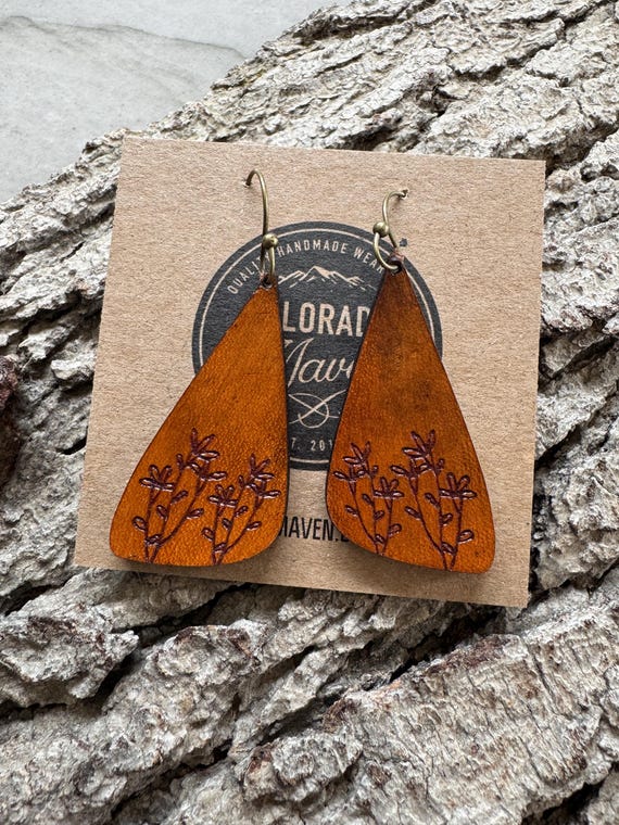 Botanical Floral (Dark Stain) Handmade Leather 1.75" Dangle Earrings