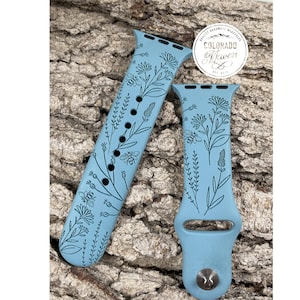 Bees and Wildflowers Silicone Band Laser Engraved, Apple Watch Compatible Series 1-11, SE 1-3 & Ultra 1-3