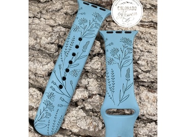 Bees and Wildflowers Silicone Band Laser Engraved, Apple Watch Compatible Series 1-11, SE 1-3 & Ultra 1-3