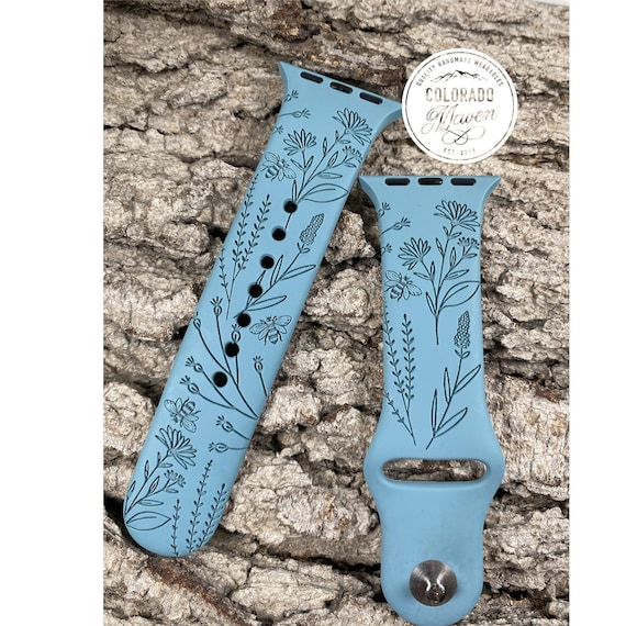 Bees and Wildflowers Silicone Band Laser Engraved, Apple Watch Compatible Series 1-11, SE 1-3 & Ultra 1-3
