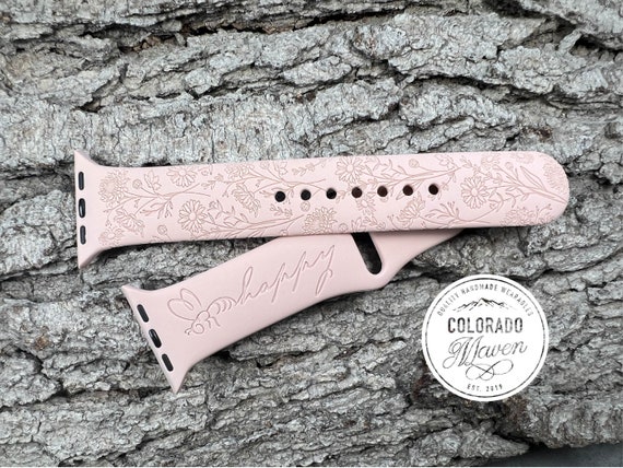 Bee Happy Wildflower Watch Band Silicone  Laser Engraved, Apple Watch Compatible 38/40/41mm, 42/44/45mm, Series 1,2,3,4,5,6,7,8,9,SE,SE2