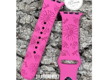 Daisy, Ladybug, Bee, Dragonfly Silicone Watch Band Laser Engraved, Apple Watch Compatible Series 1-11, SE 1-3 & Ultra 1-3