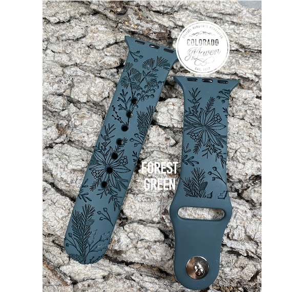 Winter Evergreen Poinsettia Silicone Watch Band Laser Engraved, Apple Watch Compatible Series 1-11, SE 1-3 & Ultra 1-3