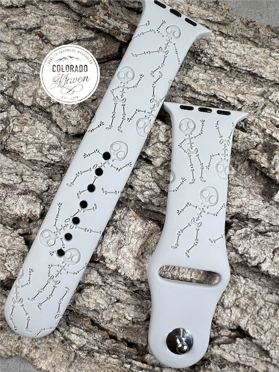 Skeleton, Halloween, Bones Silicone Band Laser Engraved, Apple Watch Compatible 38/40/41mm, 42/44/45mm, Series 1,2,3,4,5,6,7,8,9,SE,SE2
