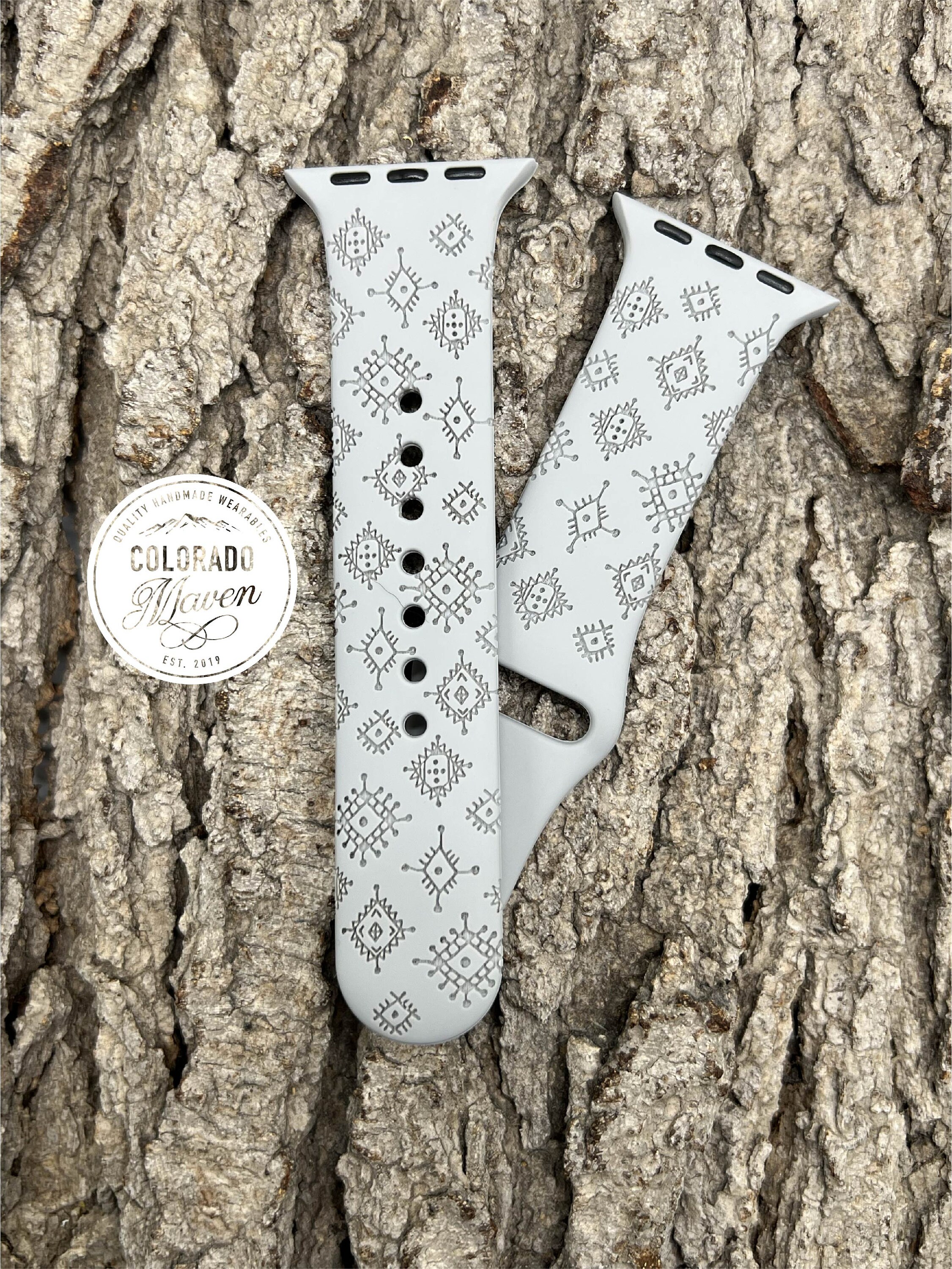 ColoradoMaven Southwest Boho Watch Band Silicone Laser Engraved, Apple Watch Compatible 38/40/41mm, 42/44/45mm, Series 1,2,3,4,5,6,7,8,9,SE,SE2