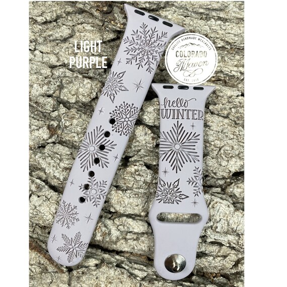 Hello Winter Snowflake Design Silicone Band Laser Engraved, Apple Watch Compatible 38/40/41mm, 42/44/45mm, Series 1,2,3,4,5,6,7,8,9,SE,SE2