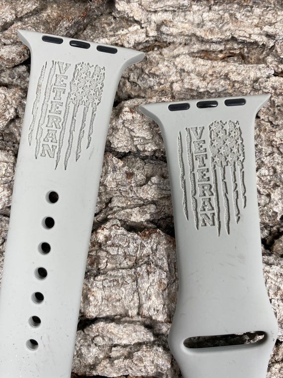 Military Veteran American Flag Silicone Watch Band Laser Engraved, Apple Watch Compatible Series 1-11, SE 1-3 & Ultra 1-3