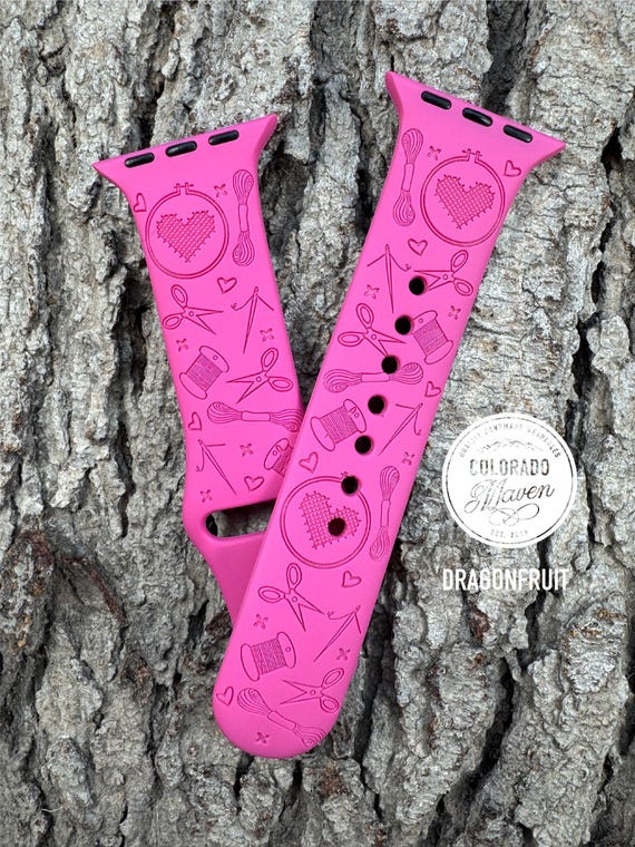 Cross Stitch Needlepoint Silicone Watch Band Laser Engraved, Apple Watch Compatible Series 1-11, SE 1-3 & Ultra 1-3