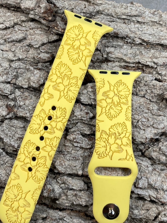 Daffodil Flower Silicone Band Laser Engraved, Apple Watch Compatible 38/40/41mm, 42/44/45mm, Series 1,2,3,4,5,6,7,8,9,SE,SE2