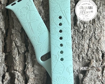 Lotus Flower Lily Pad Silicone Watch Band Laser Engraved, Apple Watch Compatible Series 1-11, SE 1-3 & Ultra 1-3