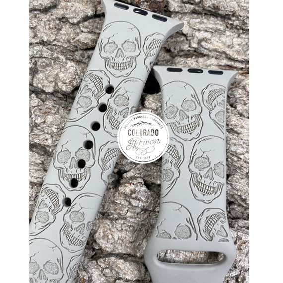 Skulls Skeleton Halloween Silicone Band Laser Engraved, Apple Watch Compatible 38/40/41mm, 42/44/45mm, Series 1,2,3,4,5,6,7,8,9,SE,SE2