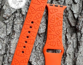 Candy Corn Halloween Silicone Watch Band Laser Engraved, Apple Watch Compatible Series 1-11, SE 1-3 & Ultra 1-3
