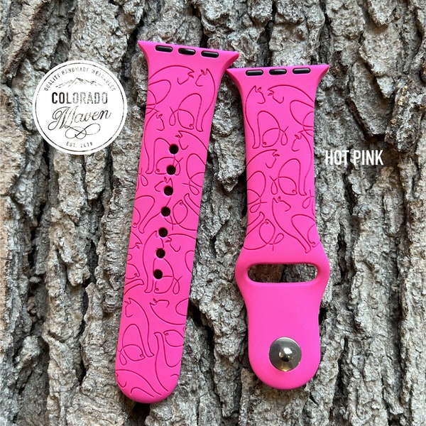 Cat Silhouette Watch Band Silicone Laser Engraved, Apple Watch Compatible 38/40/41mm, 42/44/45mm, Series 1,2,3,4,5,6,7,8,9,SE,SE2