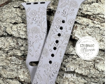 Mixed Wildflowers Silicone Watch Band Laser Engraved, Apple Watch Compatible Series 1-11, SE 1-3 & Ultra 1-3