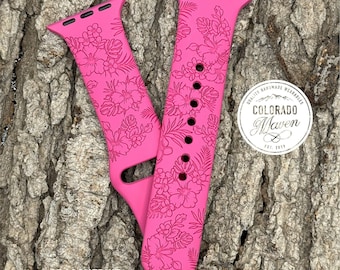 Hibiscus Floral Silicone Watch Band Laser Engraved, Apple Watch Compatible Series 1-11, SE 1-3 & Ultra 1-3