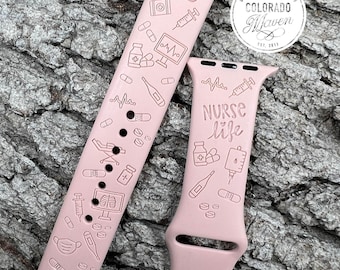Nurse Life Silicone Watch Band Laser Engraved, Apple Watch Compatible Series 1-11, SE 1-3 & Ultra 1-3