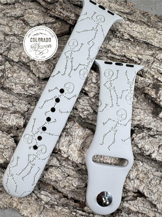 Skeleton, Halloween, Bones Silicone Watch Band Laser Engraved, Apple Watch Compatible Series 1-11, SE 1-3 & Ultra 1-3