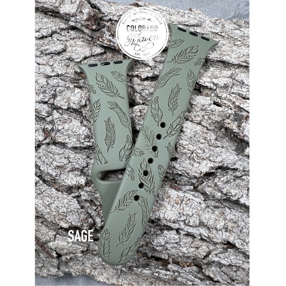 Feather, Boho Feather Silicone Band Laser Engraved, Apple Watch Compatible 38/40/41mm, 42/44/45mm, Series 1,2,3,4,5,6,7,8,9,SE,SE2