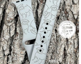 Pug Dog Silicone Watch Band Laser Engraved, Apple Watch Compatible Series 1-11, SE 1-3 & Ultra 1-3