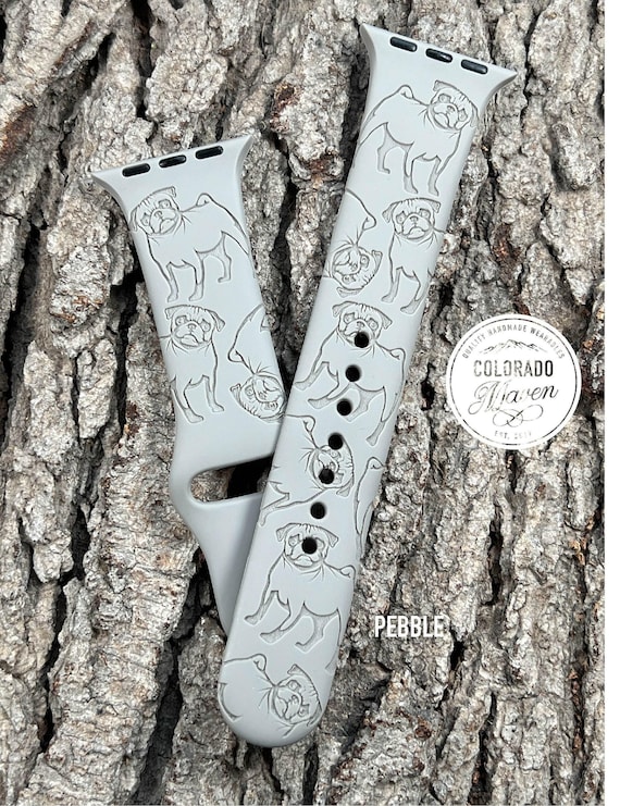 Pug Dog Silicone Watch Band Laser Engraved, Apple Watch Compatible Series 1-11, SE 1-3 & Ultra 1-3