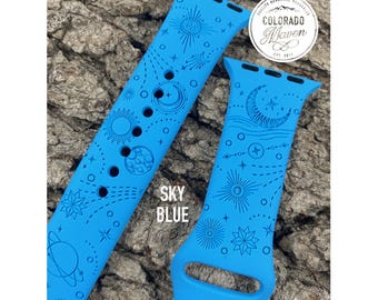 Celestial Moon and Stars Silicone Watch Band Laser Engraved, Apple Watch Compatible Series 1-11, SE 1-3 & Ultra 1-3