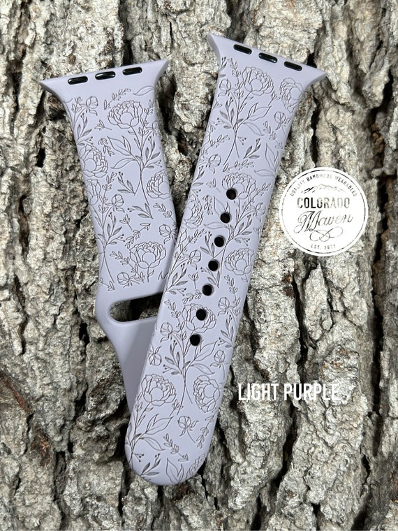 Peony Floral Watch Band Silicone Laser Engraved, Apple Watch Compatible 38/40/41mm, 42/44/45mm, Series 1,2,3,4,5,6,7,8,9,SE,SE2