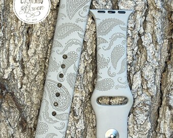 Paisley Mandala Silicone Watch Band Laser Engraved, Apple Watch Compatible Series 1-11, SE 1-3 & Ultra 1-3