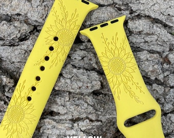 Sunflower Silicone Watch Band Laser Engraved, Apple Watch Compatible Series 1-11, SE 1-3 & Ultra 1-3