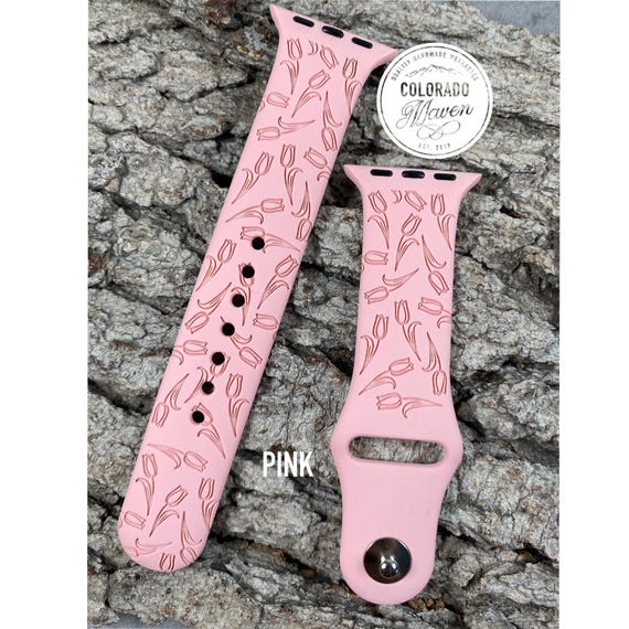 Spring Tulips Silicone Watch Band Laser Engraved, Apple Watch Compatible Series 1-11, SE 1-3 & Ultra 1-3