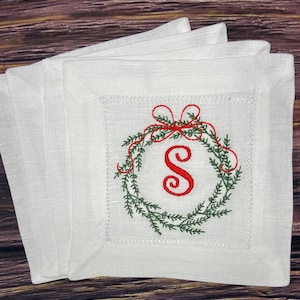 Embroidered Linen Cocktail Napkin with Custom Wreath Monogram | Christmas Gift and Holiday Decor | Hostess Gift | Coaster | Gift Basket
