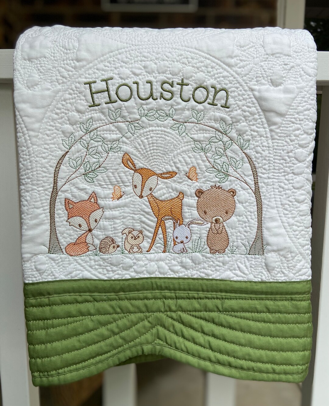Personalized Baby Blanket, Woodland Animals, Heirloom Baby Quilt, Baby Gift, Embroidered Baby
