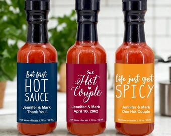 Personalized Hot Sauce Party Favors: Custom Wedding Stickers, 1.7oz Mini Bottles