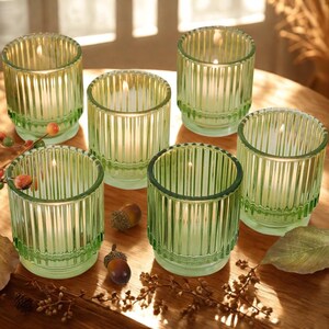 Green Candle Holders Set of 6, Ribbed Green Glass Votive Tealight Holder, Candle Centerpiece Wedding Reception Decor, Candle Holder Gift