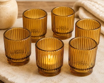 Ribbed Amber Glass Candle Holders (Set of 6) Votive Tealight Centerpieces