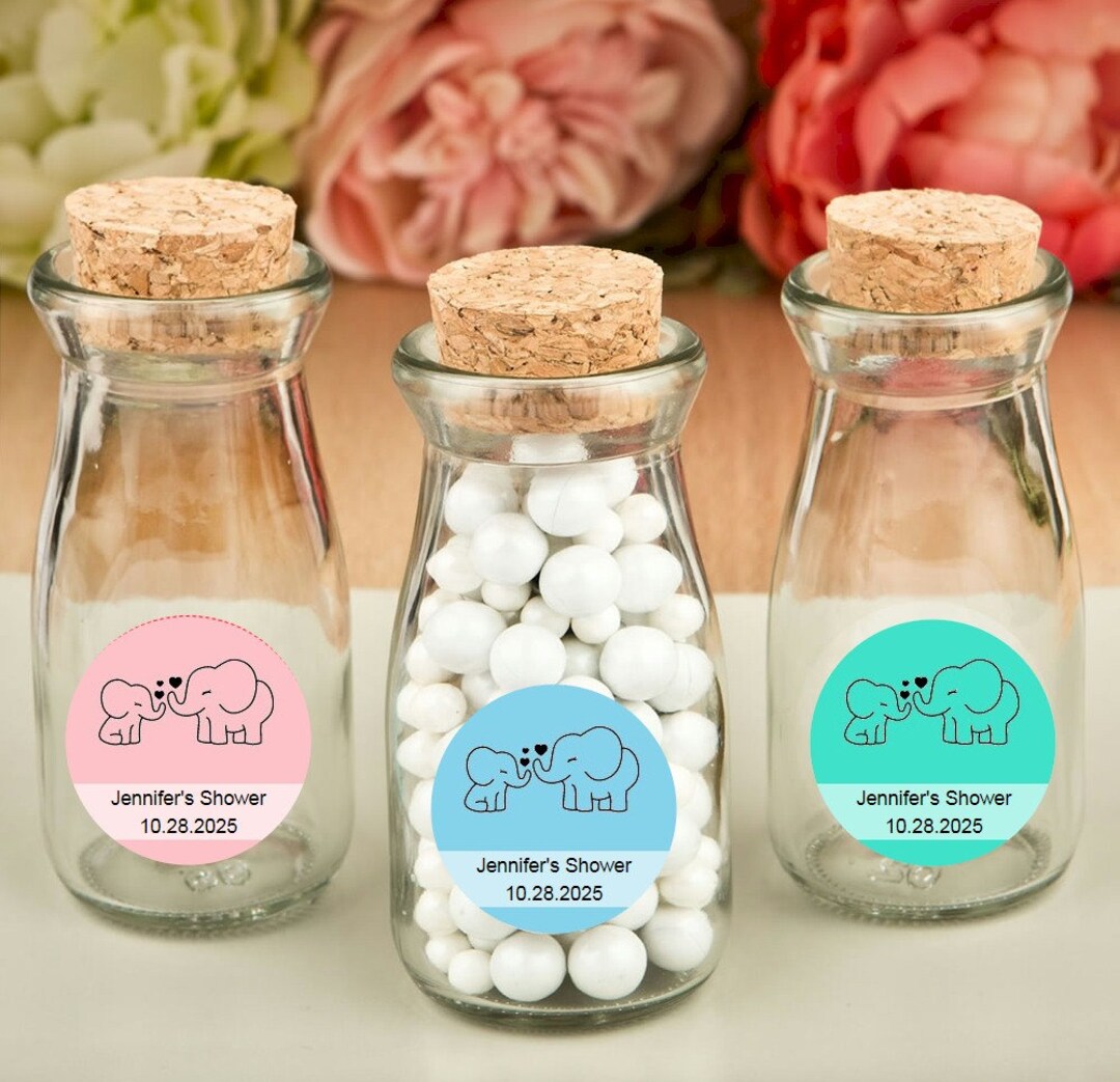 Personalized Baby Shower Glass Milk Bottles, Candy Treat Jar, Baby Elephant Stickers, Mini Glass