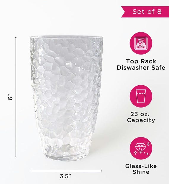 Kate Aspen 23 oz Hammered Acrylic Cups - Clear Drinking Glasses Set of 8 - Shatterproof Reusable Tumblers